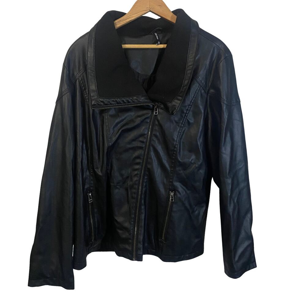 Outer Edge Black Faux Leather Moto Jacket Knit Lined Collar Plus Size 2X